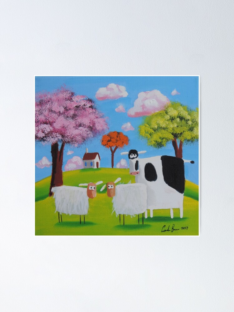 Sheep And A Cow Folk Art Painting Poster For Sale By Gordonbruce