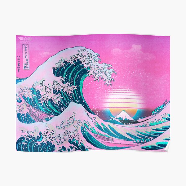 Vaporwave Aesthetic Great Wave Off Kanagawa Retro Sunset Poster For