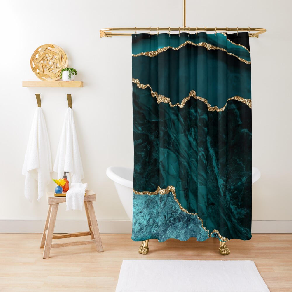 Amazing Blue And Teal Faux Malachite Marble Shower Curtain For Sale