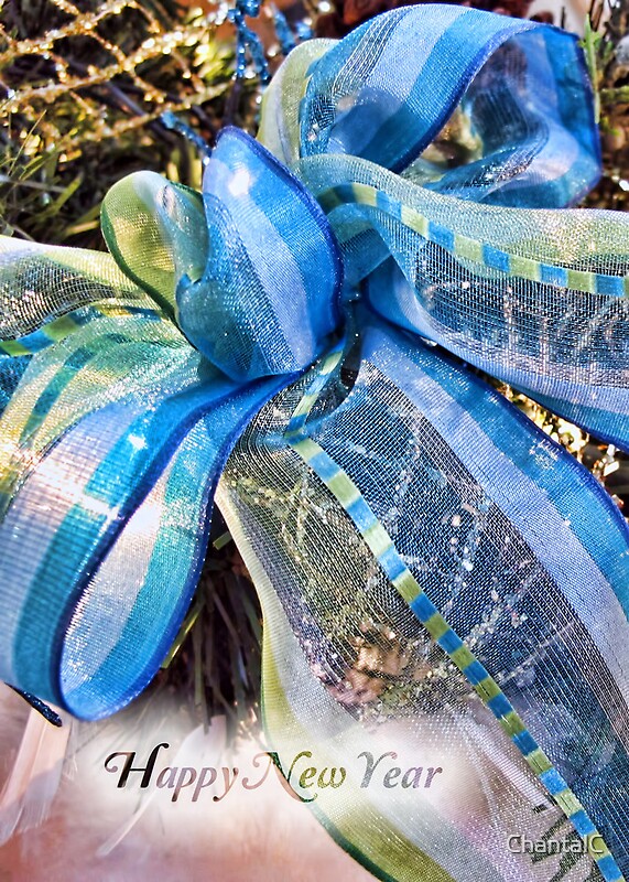 &quot;Blue &amp; Silver Christmas Bow w/ Gold Mesh Garland, White Feathers