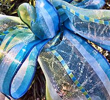 Blue & Gold Christmas Bow w/ Wired Mesh Garland, White Feathers & Xmas Lights ~ Trendy Christmas Holiday Season by Chantal PhotoPix