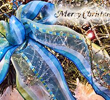 Christmas Holiday Gifts ~ Blue & Green Glitter Ribbon w/ Gold Mesh Garlands, White Feathers & Xmas Lights by Chantal PhotoPix
