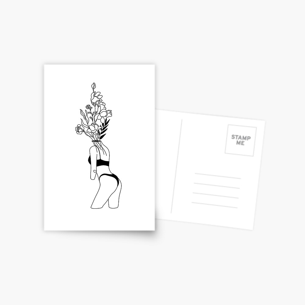 Postal Line Art Print Desnudez Femenina Mujer Con Flor Mujer Line