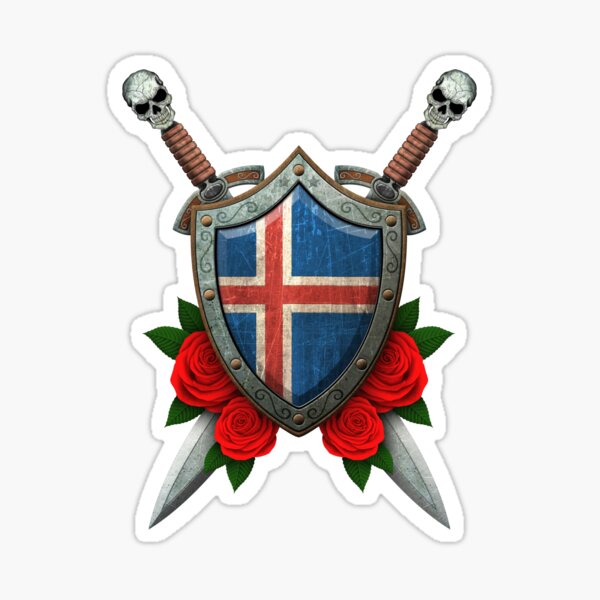 Icelandic Flag On A Worn Shield And Crossed Swords Sticker For Sale