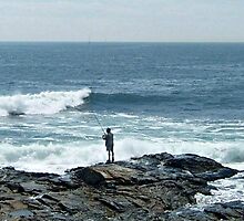 Fishing On The Rocks At the end of Conanicut Island, Rhode Island by Jane Neill-Hancock