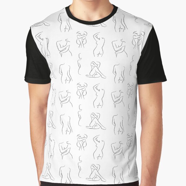 Nude Women Line Art Drawing Pattern Black And White T Shirt For