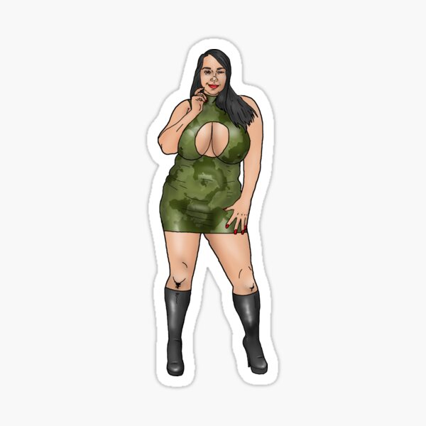 BBW Pin Up In A Latex Camouflage Dress Sticker For Sale By