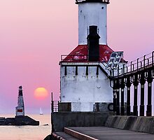 Michigan City Light and Setting Sun by Kenneth Keifer
