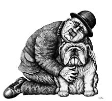 Man and Bulldog pen ink black and white drawing by Vitaliy Gonikman