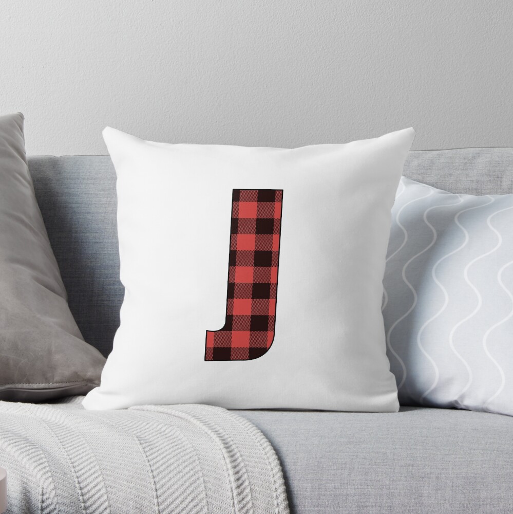 Letter J Monogram Red And Black Buffalo Plaid Check Throw Pillow By