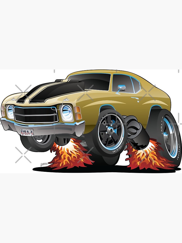 Classic American Seventies Muscle Car Cartoon Gold With Black Stripes Popping A Wheelie