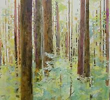 Seeing the Forest through the Trees, watercolor and mixed media on paper mounted on board, wax finish by Sandrine Pelissier