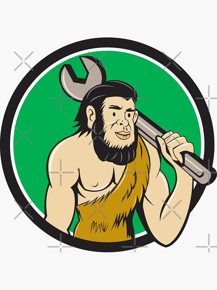 Neanderthal CaveMan With Spanner Circle Cartoon Sticker For Sale By