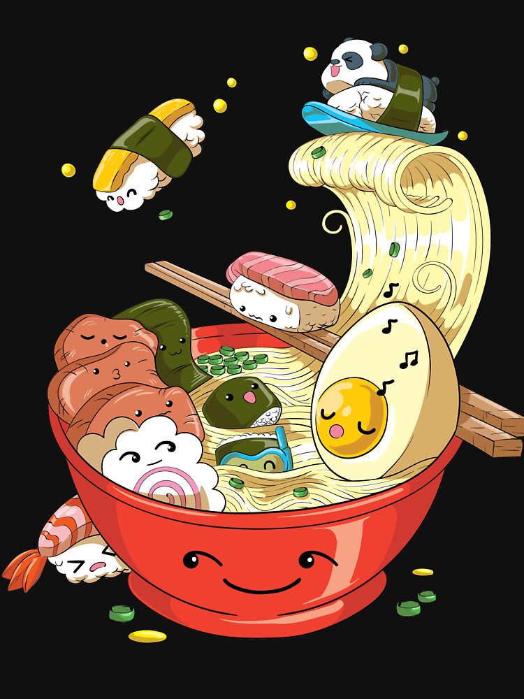 Cute Kawaii Ramen Noodle Bowl With Sushi Panda Bear And Noodle Wave