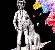 Artist and Dog pen ink and colored pencils drawing by Vitaliy Gonikman