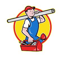 Plumber With Pipe Toolbox Cartoon by patrimonio