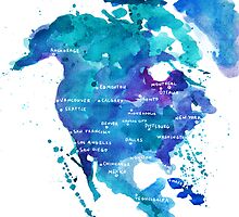 Watercolor Map of North America by Anastasiia Kucherenko