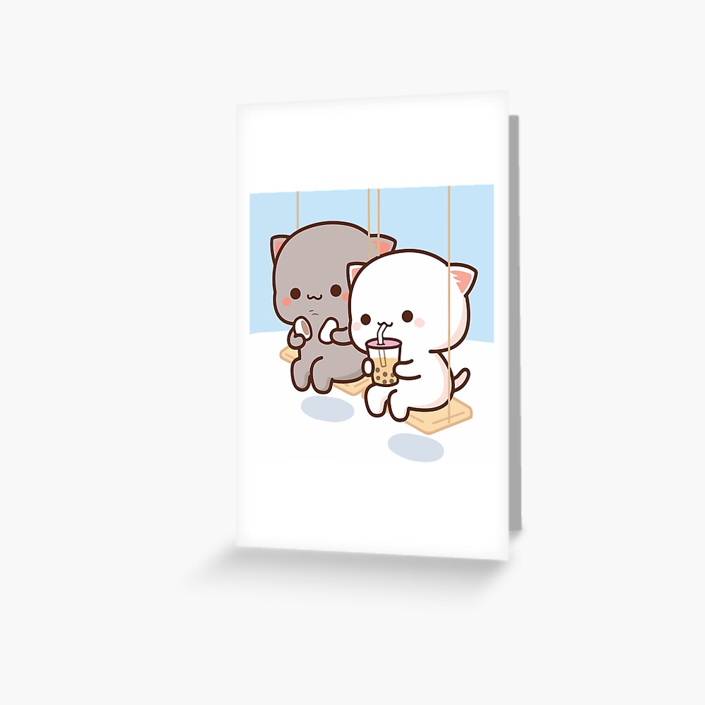 Peach And Goma Mochi Cat Bubble Tea Greeting Card By Misoshop Redbubble