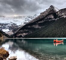 Lake Louise Glacier canoe and emerald color by pictureguy