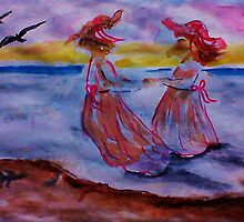 Little girls in long dresses at the beach, watercolor by Anna Lewis