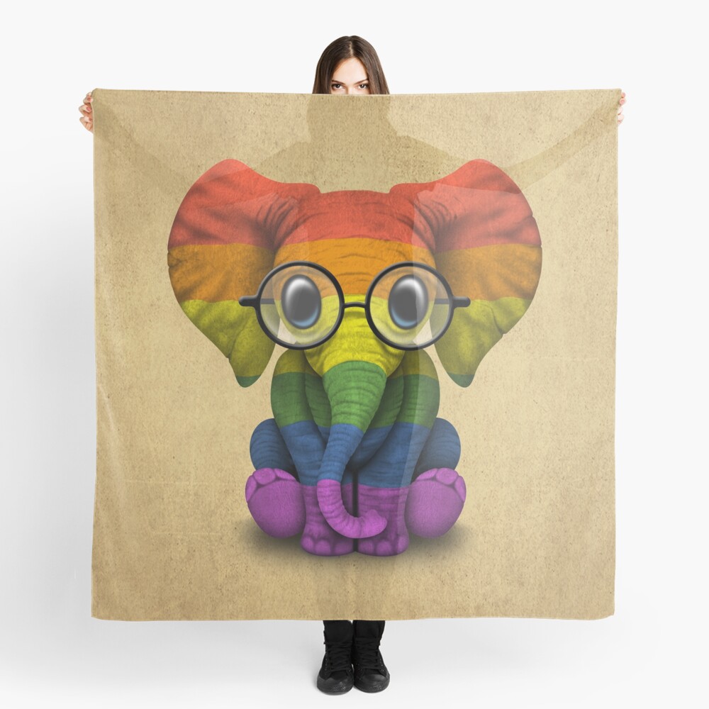 Baby Elephant With Glasses And Gay Pride Rainbow Flag Scarf For Sale