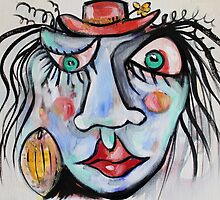 Blue Lady With Green Eyes And Red Hat by Reynaldo