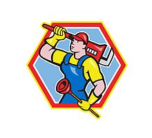 Plumber Holding Plunger Wrench Cartoon by patrimonio