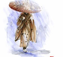 Geisha Japanese woman custom handmade paper umbrella rain Japan japanese painting art by Mariusz Szmerdt