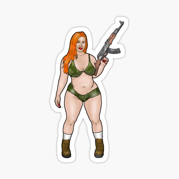 Curvy Pin Up In A Latex Camouflage Bikini With AK 47 Sticker For Sale