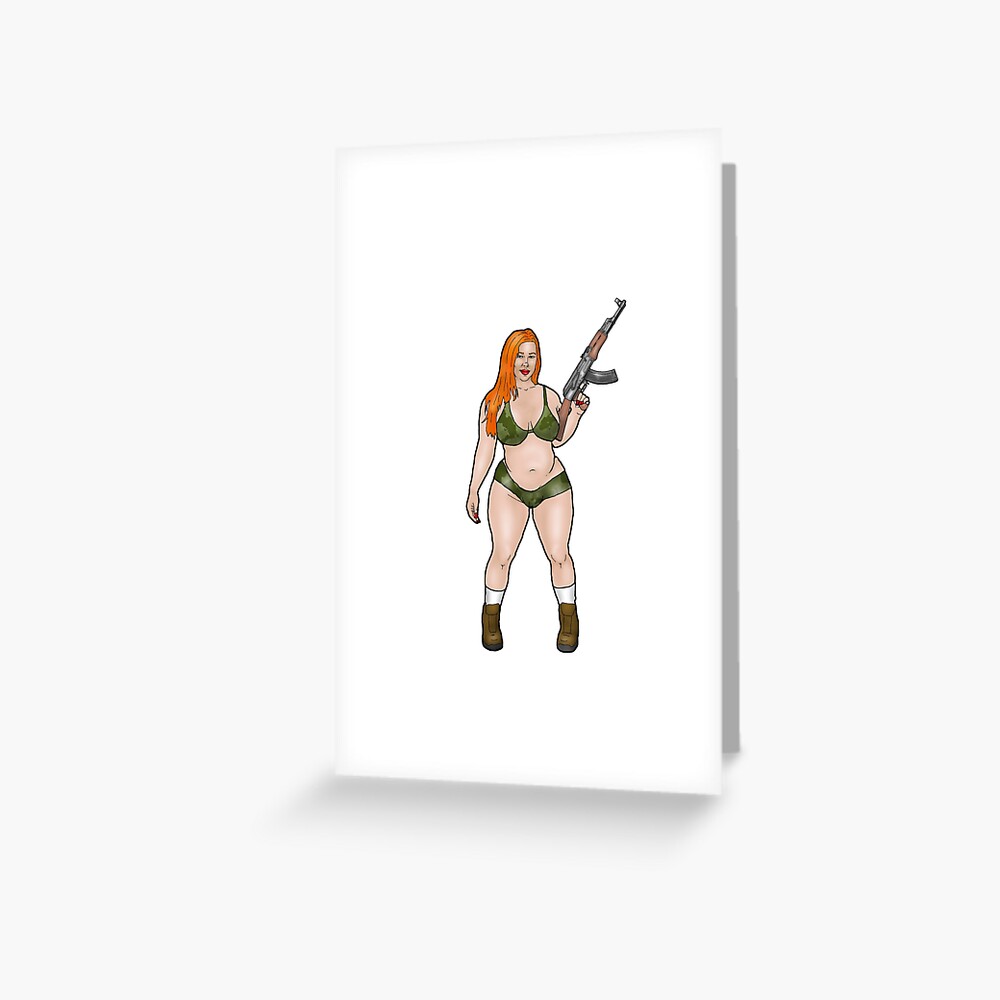 Curvy Pin Up In A Latex Camouflage Bikini With AK 47 Greeting Card