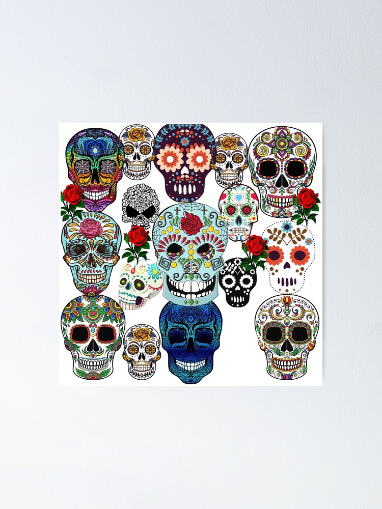 Póster Calaveras de azúcar con fondo negro de Linger0418 Redbubble