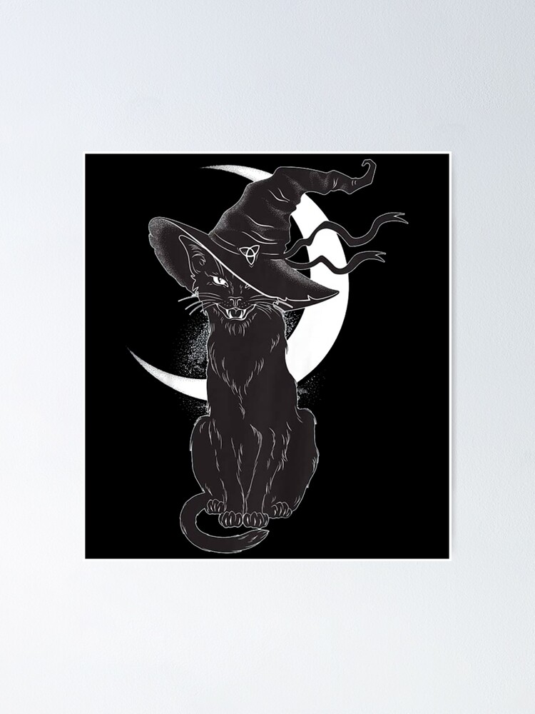 Scary Halloween Black Cat Costume Witch Hat Moon Poster For Sale By