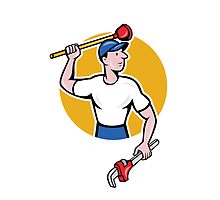 Plumber Wielding Wrench Plunger Cartoon by patrimonio