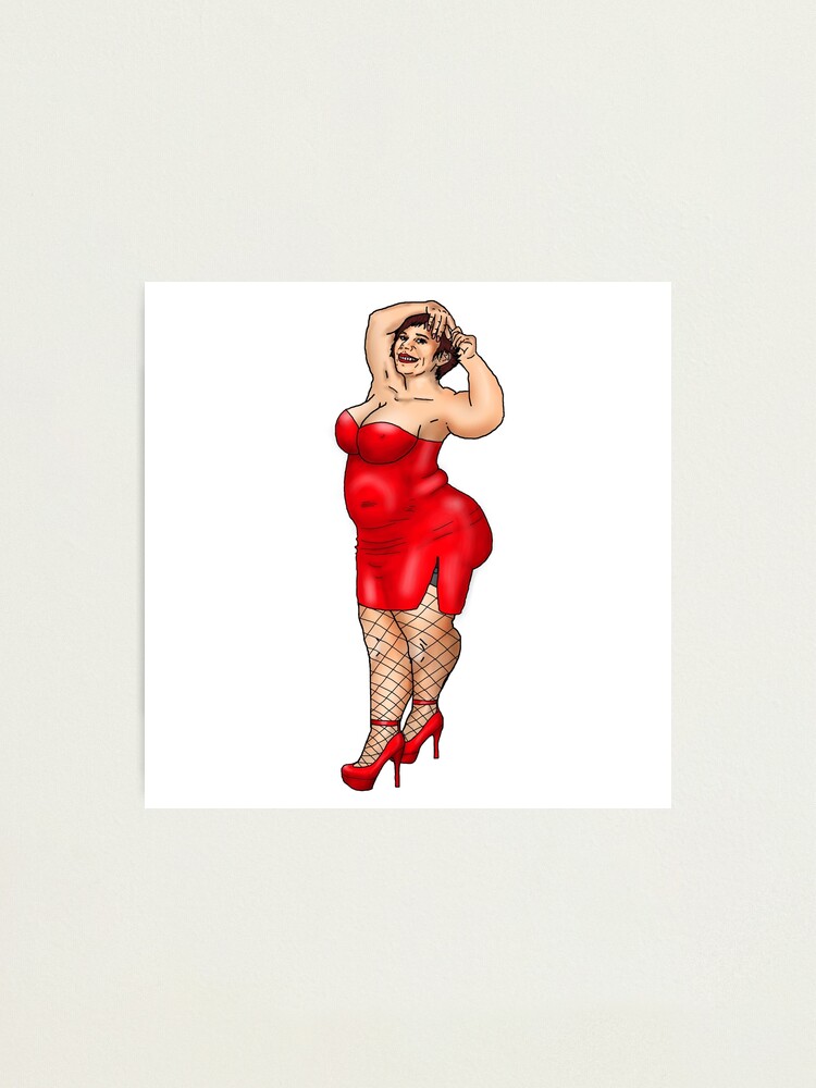 BBW Pin Up In A Red Dress And Fishnet Stockings Photographic Print