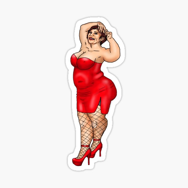 BBW Pin Up In A Red Dress And Fishnet Stockings Sticker For Sale By