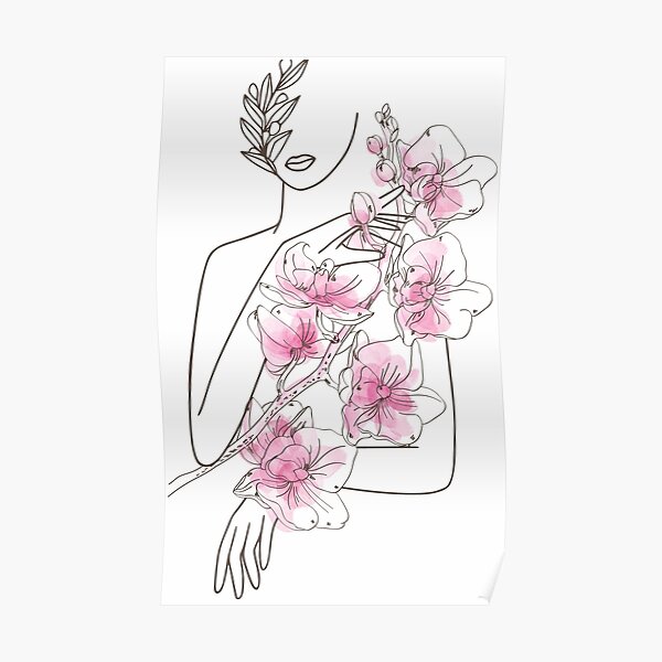 Women Nude Body Nymph Line Art Pink Flower Design Poster By