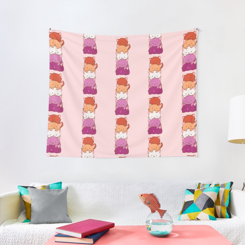 New Orange Lesbian Pride Flag Kawaii Cats Tapestry By Irenekohstudio