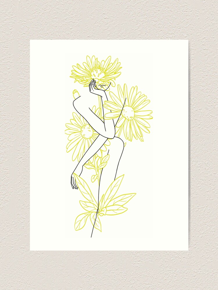 Line Art Yellow Daisy Women Nude Body Nymph Art Art Print By