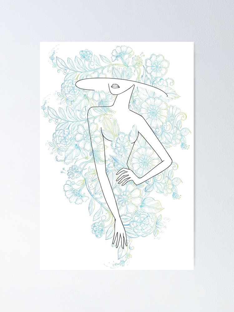 Blue Flowers Nude Nymph Line Art Women Body Poster For Sale By