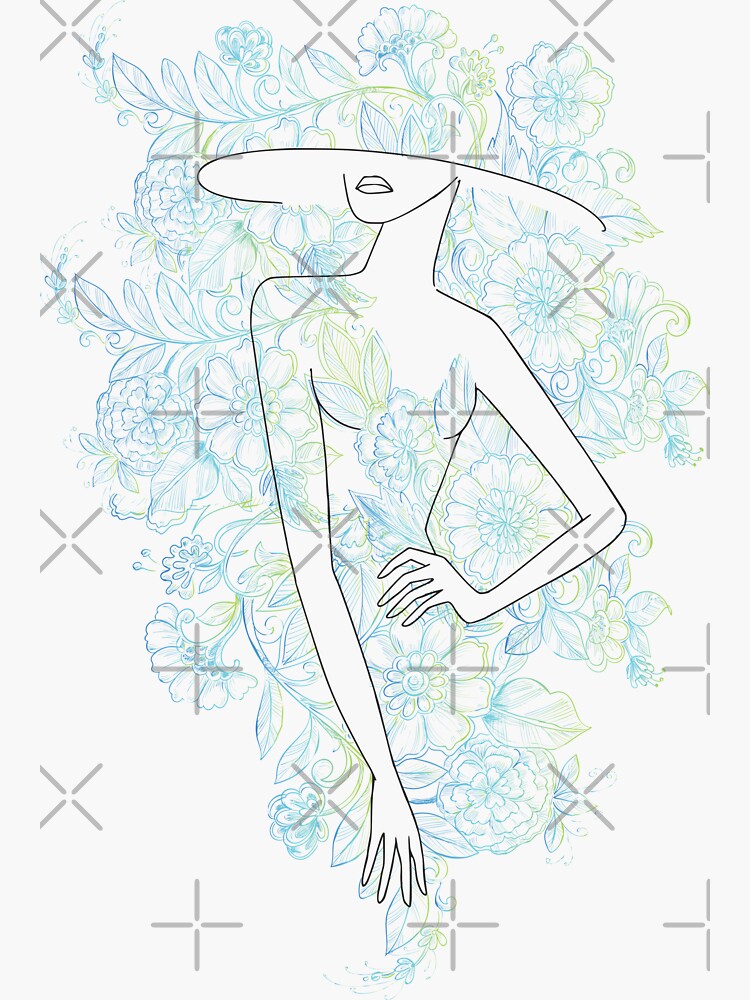 Blue Flowers Nude Nymph Line Art Women Body Sticker For Sale By