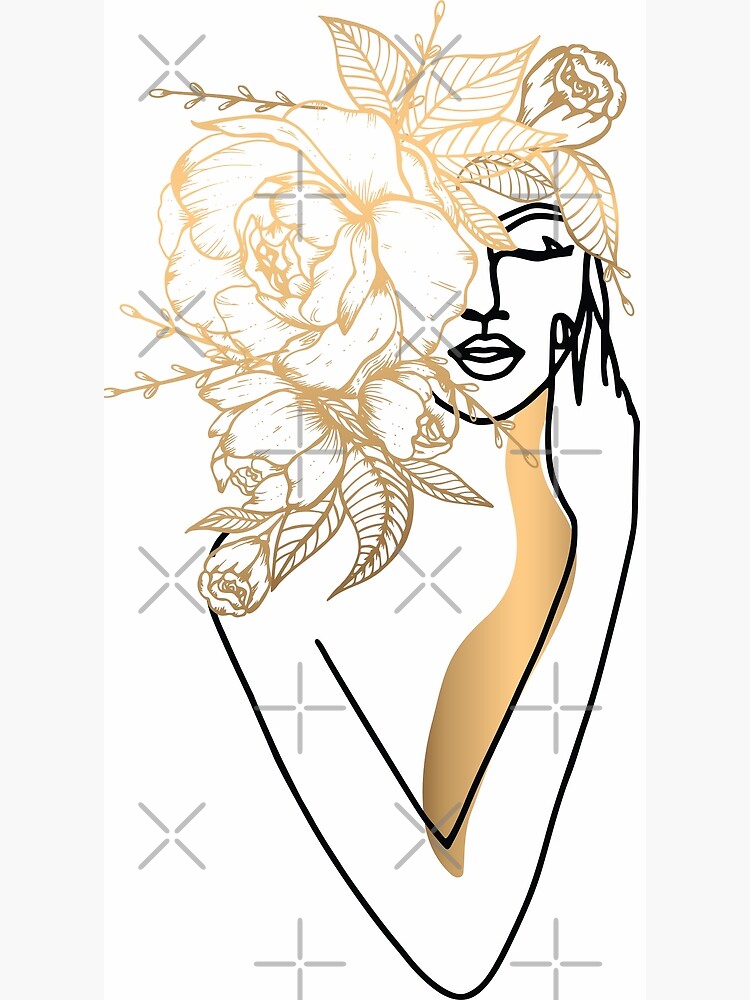 Golden Flower Line Art Nymph Women Nude Body Photographic Print For