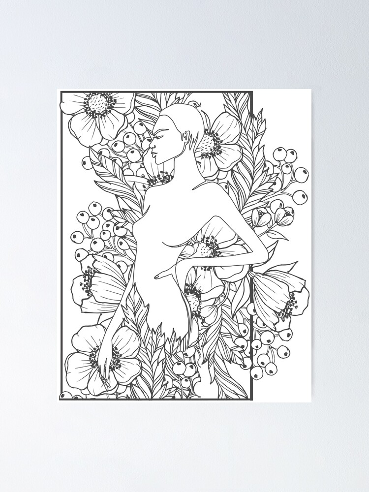 Nude Women Body Nymph Line Art With Flowers Poster By Hermindspeaks