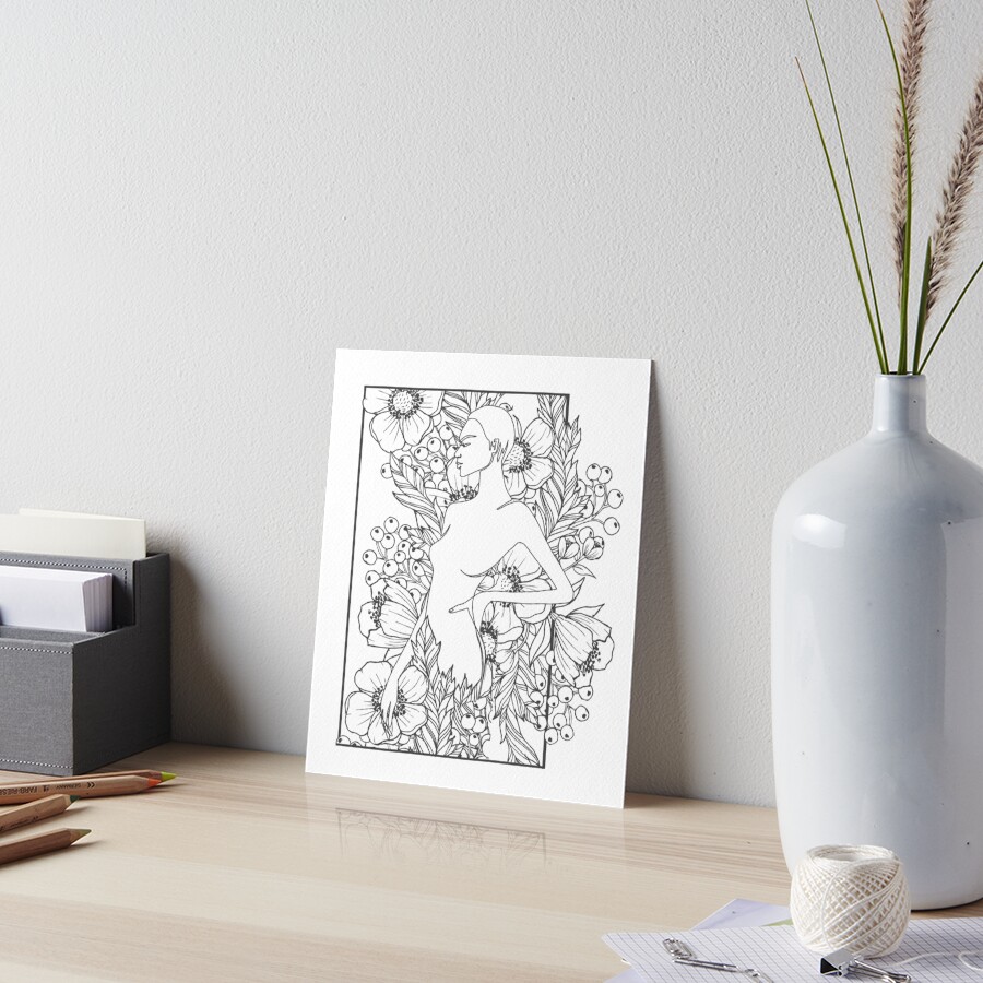 Nude Women Body Nymph Line Art With Flowers Art Board Print By