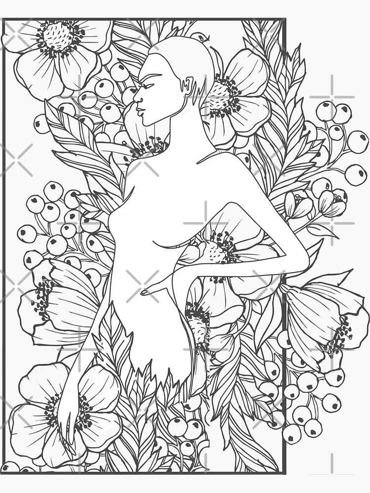 Nude Women Body Nymph Line Art With Flowers Sticker For Sale By