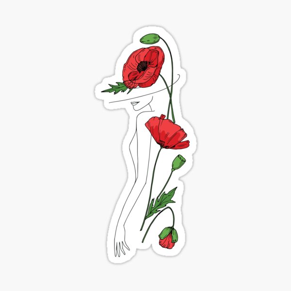 Women Nude Body With Red Flowers Nude Nymph Line Art Sticker By