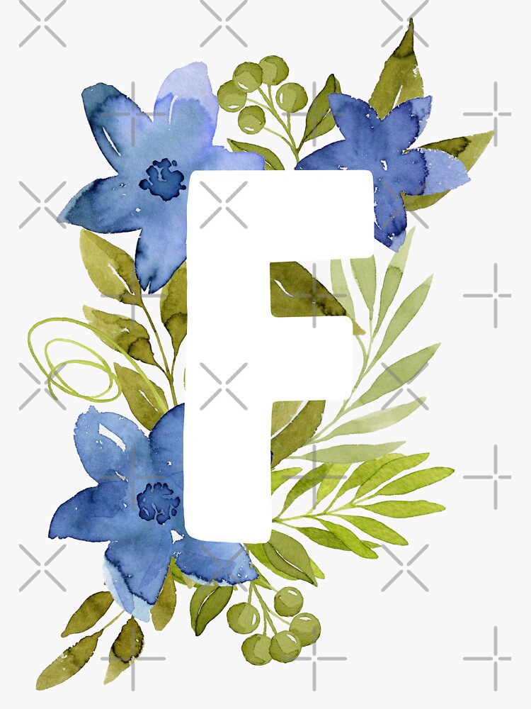 Pegatina Letra F En Acuarela Azul De Flores Y Hojas Monograma Floral