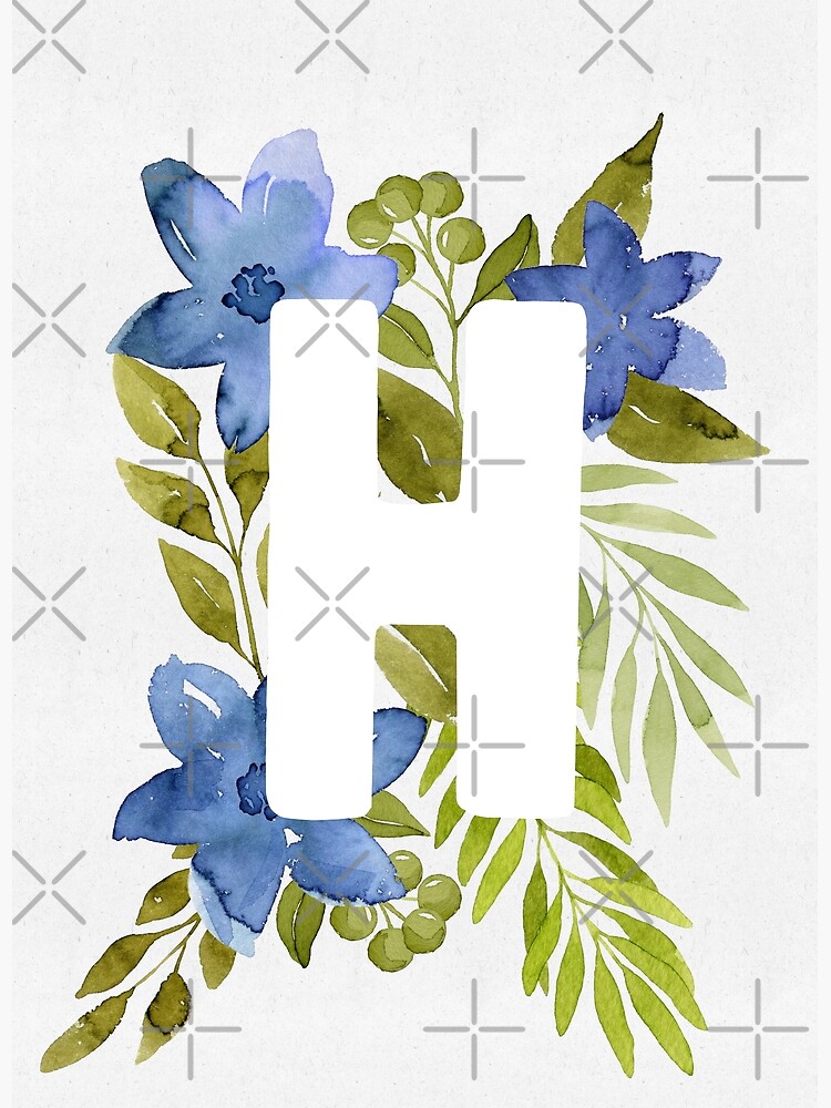 Póster Letra H en acuarela azul de flores y hojas Monograma floral