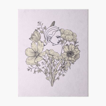 Women With Flowers Nude Body Nymph Line Art Art Board Print By