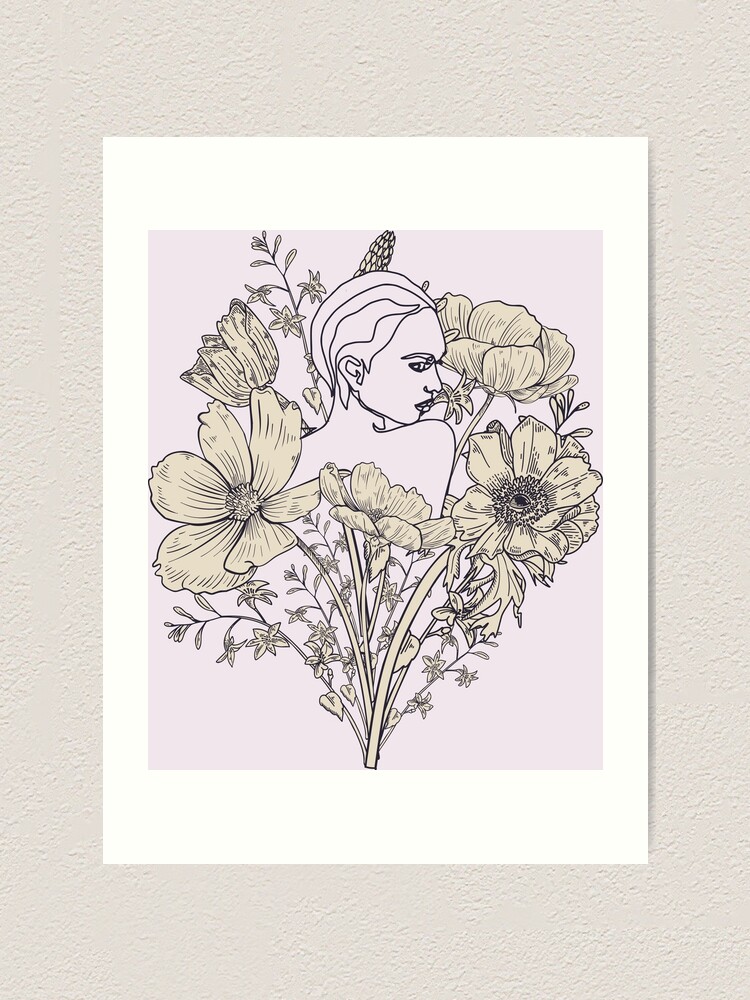 Women With Flowers Nude Body Nymph Line Art Art Print By