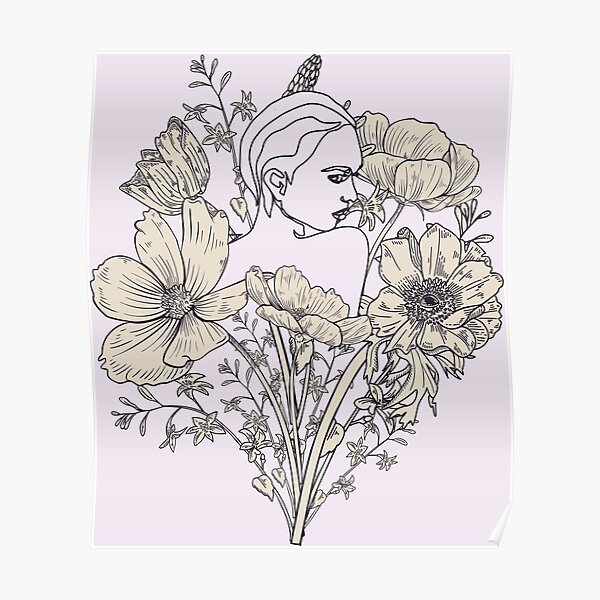 Women With Flowers Nude Body Nymph Line Art Poster For Sale By